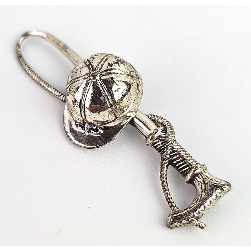 Vintage Sterling Silver Equestrian Riding Hat  Crop Whip Pin 2.50 inch